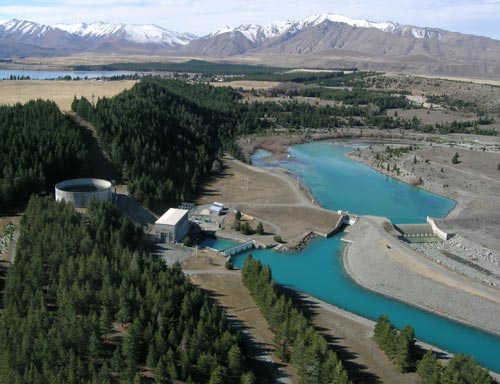 Tekapo A power station, with the lake and village beyond.